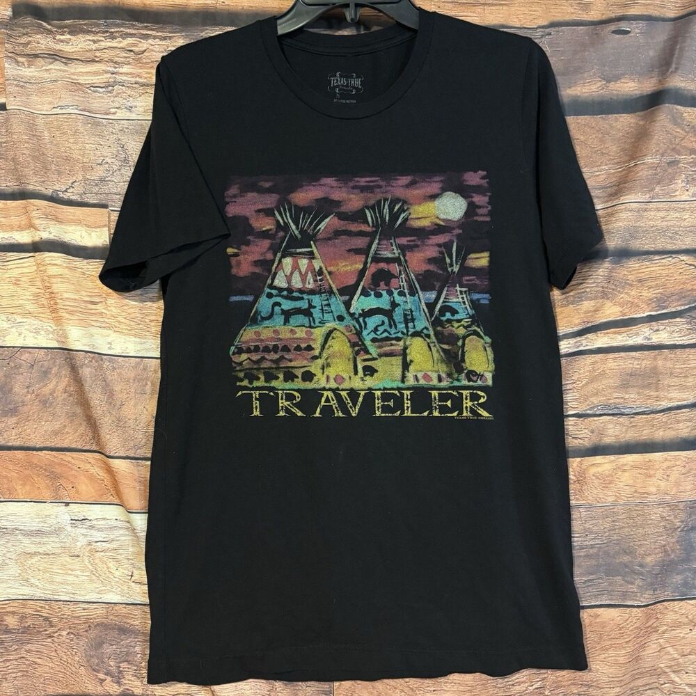 Texas True Traveler T-Shirt Mens Medium Black Native American Teepee Graphic